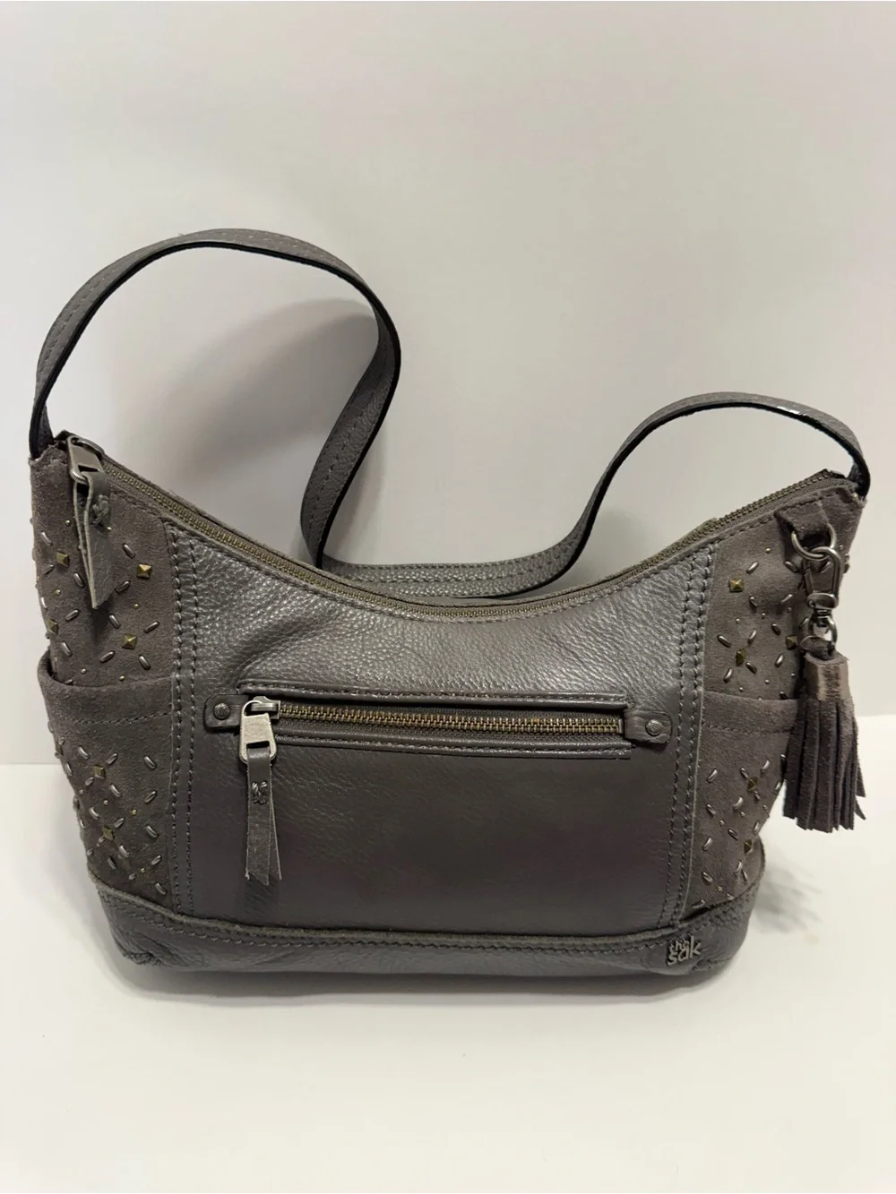 The Sak Gray, Leather, Studded, Hobo Shoulder Bag, Spacious Interior, Beautiful